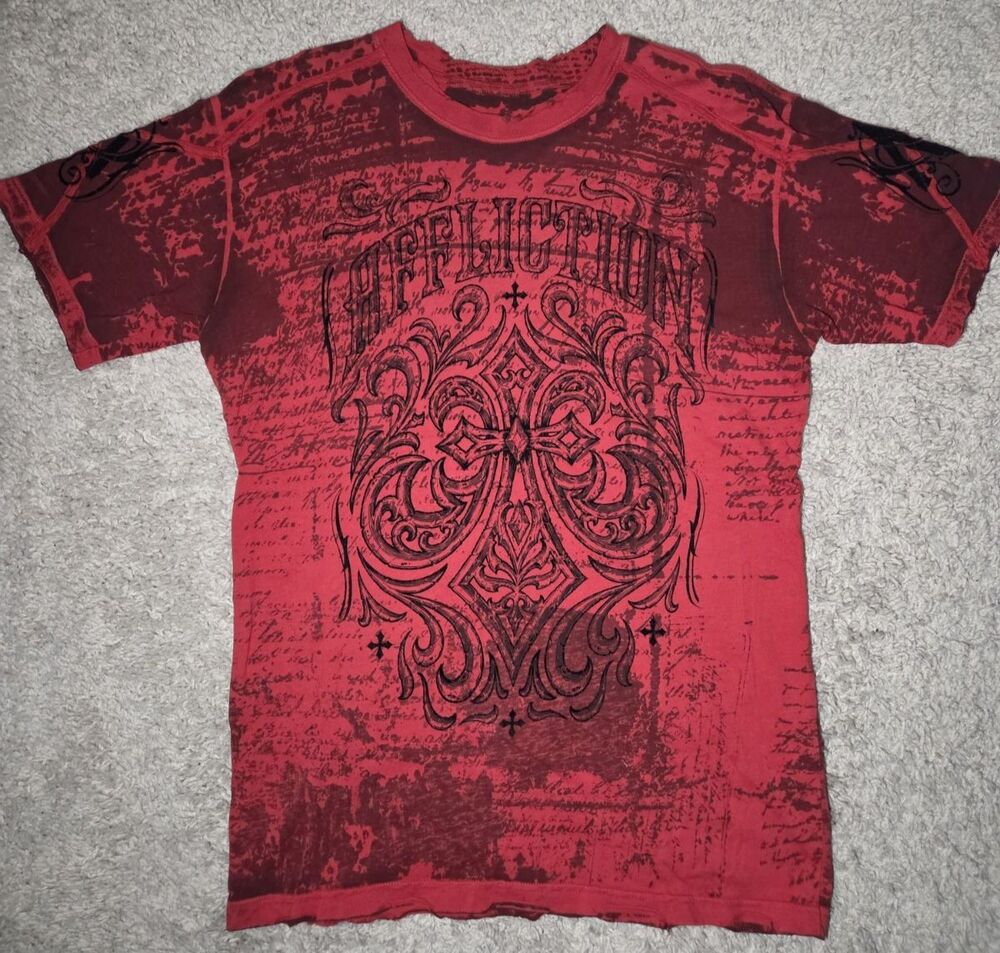 Affliction Red Graphic T-Shirt Women’s Medium Gothic Fleur-de-Lis Y2K